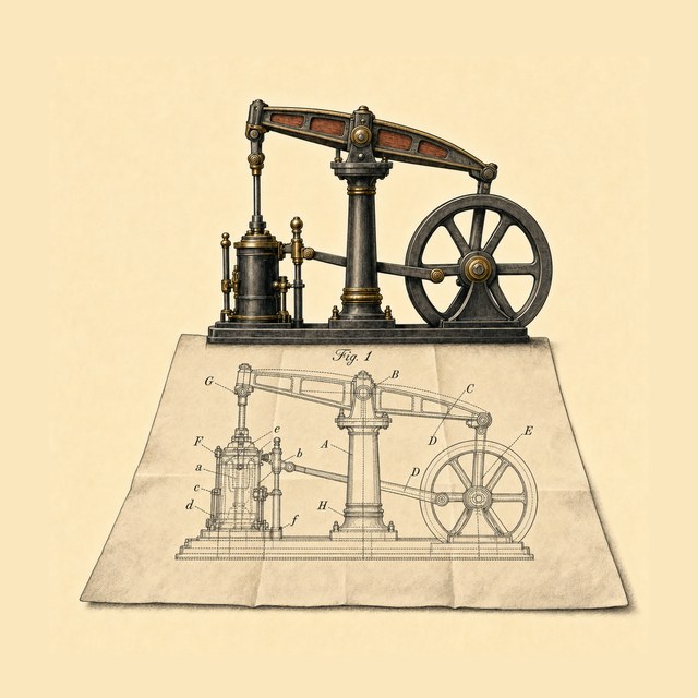 Curious Patents emblem: a beam engine rising out of its own patent drawing